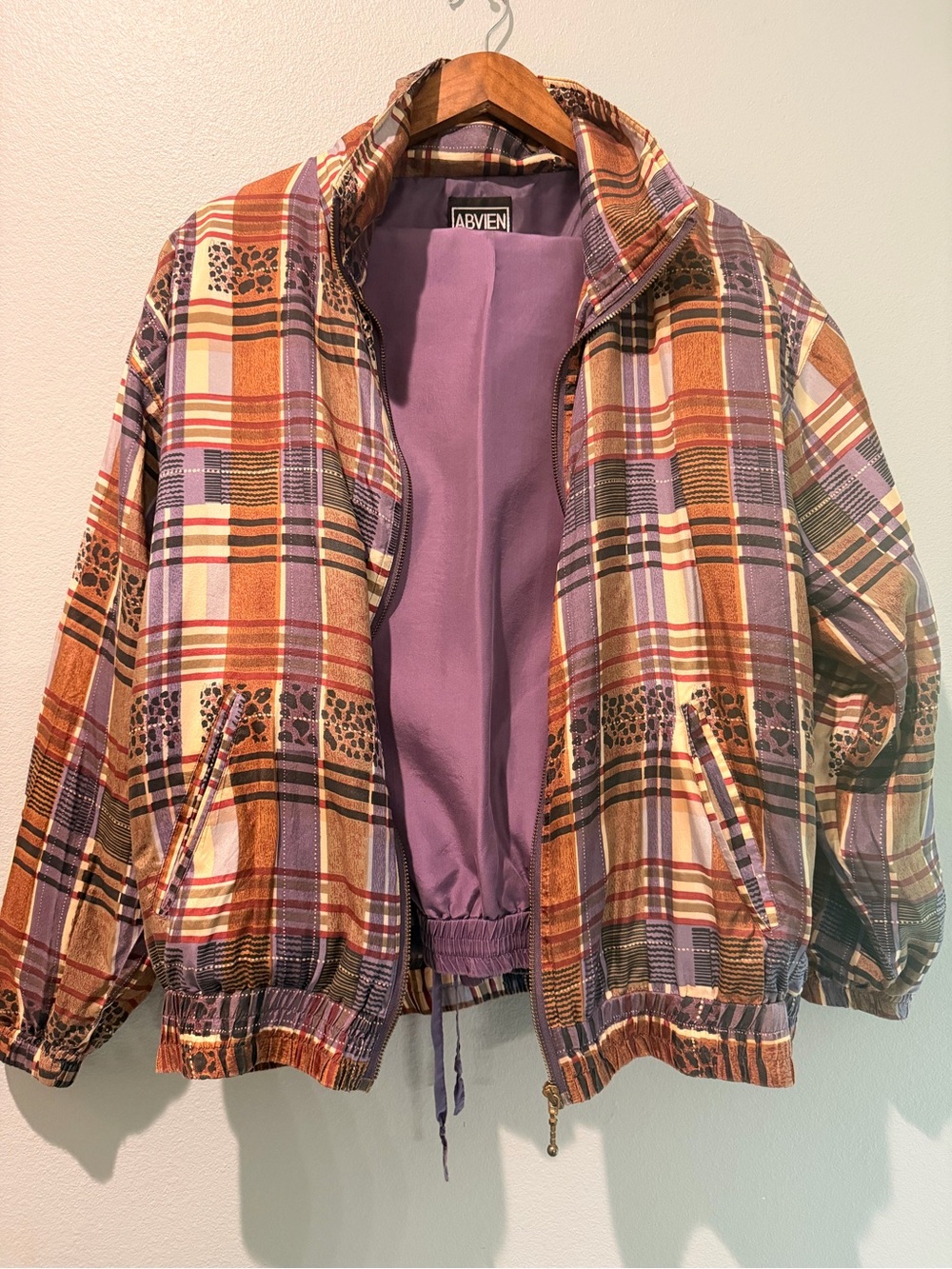 Vintage 100% Silk WindBreaker Set Plaid Leopard Bomber Jacket Plum Pants RARE! L